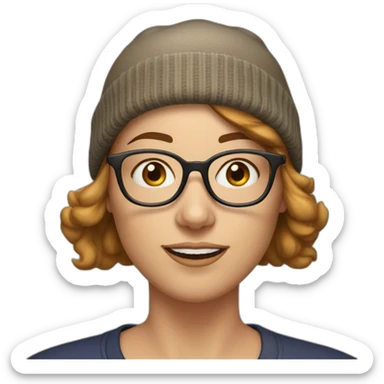 30 year old white woman short light brown hair with a beanie on her heard and glasses sticker