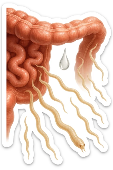 Realistic medical image of microscopic parasites leaving the intestines after taking natural kinesiological drops, symbolizing detox and cleansing. sticker