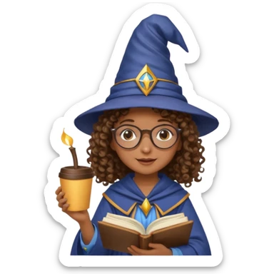 A Joyful child Female with Brown skin and Curly hair, wearing a Traditional outfit, a Wizard hat, Sunglasses, carrying a Spellbook, working as a farmer, while drinking Coffee and reading a Textbook. sticker