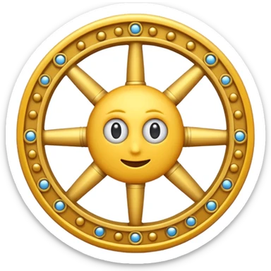 A mysterious, abstract emoji with a wheel shape covered in countless small eyes and intersecting golden rings, resembling a celestial mechanism, iOS emoji style sticker