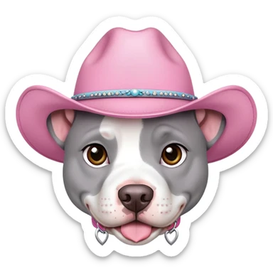 Gray and white pitbull with pink cow girl hat  sticker