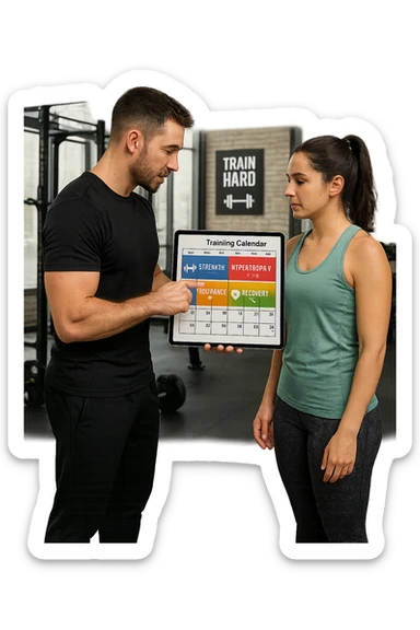 a personal trainer and a client stand in a modern gym, reviewing a large, color-coded training calendar or chart on a tablet. The calendar shows different phases (strength, hypertrophy, endurance, recovery) with icons and dates. Around them, gym equipment and motivational posters reinforce the idea of structured, periodized training. sticker