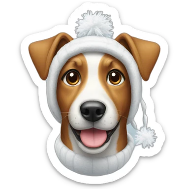 A dog smiling wearing a snow hat sticker