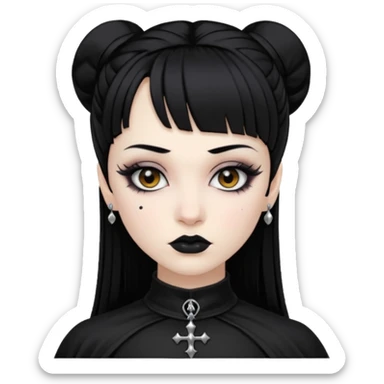 Faça uma moça de cabelo preto e micro franja pálida e com maquiagem gótica pesada olhos castanhos escuro  sticker