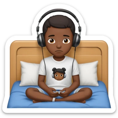 Sad black kid with headphones on sitting on a bed sticker