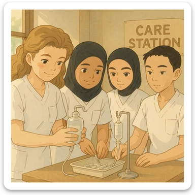 Same group of nursing students in Ghibli style preparing medical equipment in the care station. They wear short-sleeved white uniforms with V-neck, left chest pocket, no stand-up collar, no stethoscopes, and nothing protrudes from the sleeves. sticker