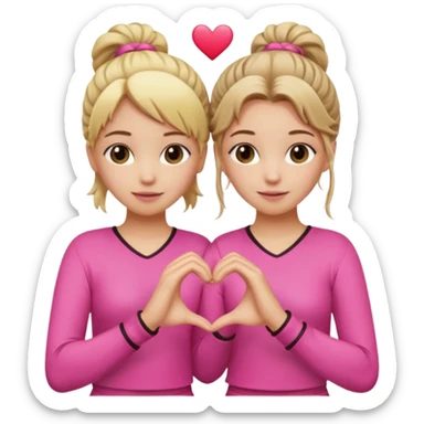 Two best friends making a heart shape with their hands together. One of them has blond hair which is shower and the other has brown hair tied up. They are both wearing pink outfits. sticker