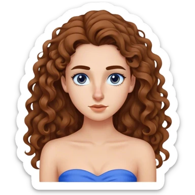 menina branca de cabelo cacheado castanho longo,  com nariz fino e empinado  com uma blusa tomara que caia azul ,sobrancelhas marcantes sticker