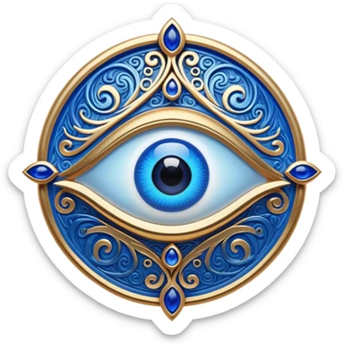 Cinematic Realistic depiction of a classic Evil Eye talisman, rendered with intricate details and vibrant blue hues, set against a soft, ethereal backdrop that underscores its protective symbolism sticker