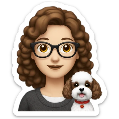 woman-white skin-brown hair-black-with glasses bichon dog-white-smile-christmas sticker