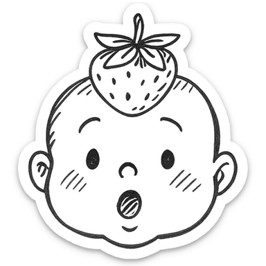 Q-version hand-painted baby face, soft pink skin, strawberry leaves and small strawberry headpiece, only head, surprised or happy expression sticker