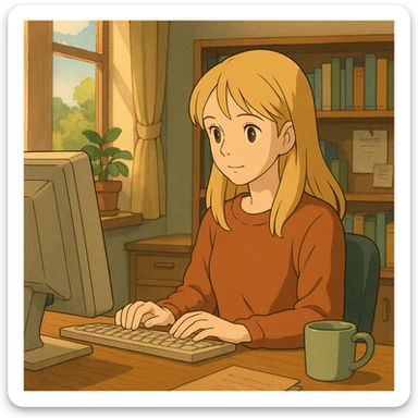 brown-eyed blonde young woman working on a computer in a cozy office sticker