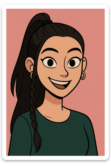 Create a cute and lively cartoon style face with a happy expression, keeping her unique features and hairstyle from the reference image. sticker