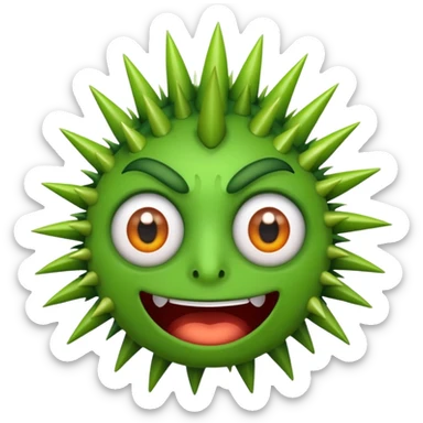 A green emojicon that has crazy eyes and green spikes at the top sticker