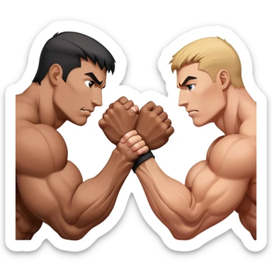 Two hands locked in an intense arm wrestling match, muscles straining as they battle for dominance. The background is minimal, focusing on the power and tension of the gripping hands, showcasing strength and determination. Transparent background. sticker