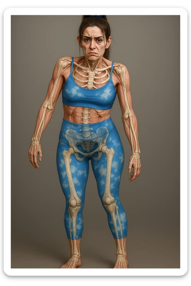 Donna in abbigliamento sportivo, postura asimmetrica, stile medico realistico, muscoli e ossa visibili, segni specifici di stress cronico: mascella serrata, spalle sollevate, rughe sulla fronte, occhiaie marcate, mani contratte, sfondo neutro, formato verticale. sticker