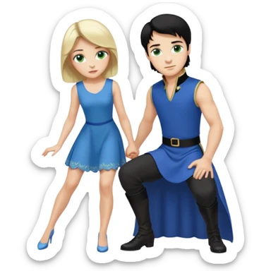 prince, black hair, blue eyes, blue garment,  Woman, blonde Hair, green eyes, bending knee, sleveless white dress, sticker