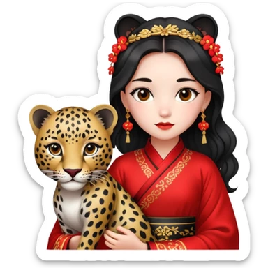 A beautiful girl in red Hanfu wedding dress is holding a black leopard sticker