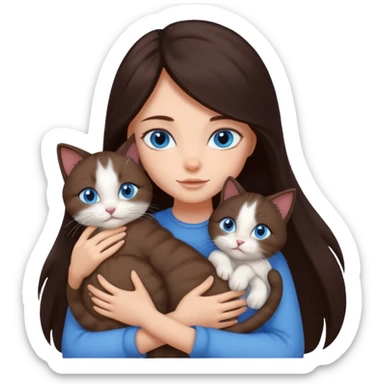 a girl with long dark 
brown hair, with blue eyes, hugs 3 different natural coloured cats sticker