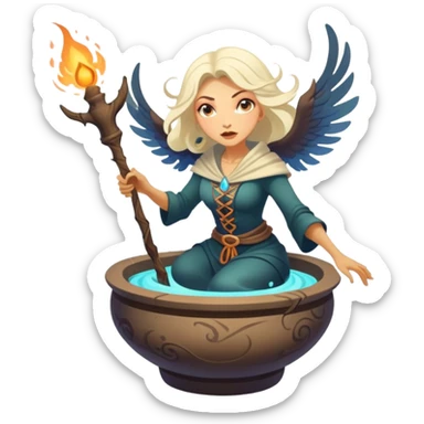 Baba Yaga sorceress woman flying in a mortar, magical aura sticker