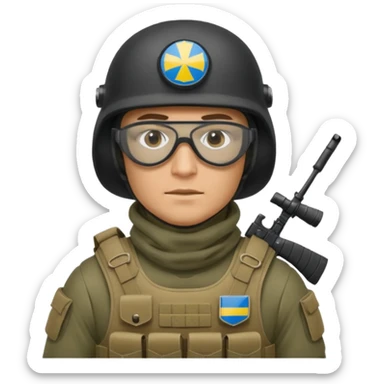 Ukrainian Intelligance agency warrior man in platecarrier with nato riffle in helmet, balaclava, poncho and ballistic glasses sticker