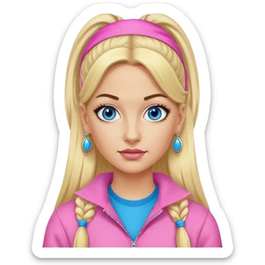 Me Julie from Ali G Indahouse with blue eyes, blonde long ponytail hair, pink outfit sticker