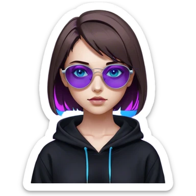 
girl with brown bob and blue eyes in a black hoodie and sunglasses. Cyberpunk style. Violet neon. sticker