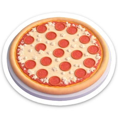 uncooked frozen pizza, round shape, pale dough base, evenly placed toppings like cheese, tomato sauce, pepperoni or vegetables, firm surface, slightly frosted with subtle ice crystals, matte finish, clean 3D rendering, soft lighting, subtle shadowing, emoji scale sticker