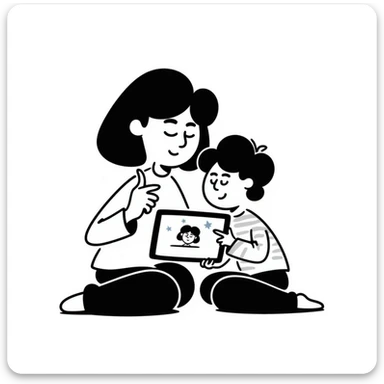 parent and child using a tablet, hand-drawn doodle style, playful lines, white background sticker