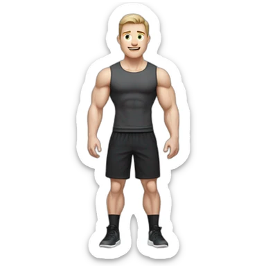 amazed Pale skinned Fit Man With the biceps and dark brown hair in black shirt, gray sports shorts and white Sneakers sticker