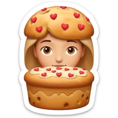 Apple-style emoji illustration of a person with dreamy eyes thinking of a traditional panettone, small hearts floating around, soft 3D emoji style, smooth gradients, rounded shapes, warm festive colors, simple expression, centered composition, transparent background, no text. sticker
