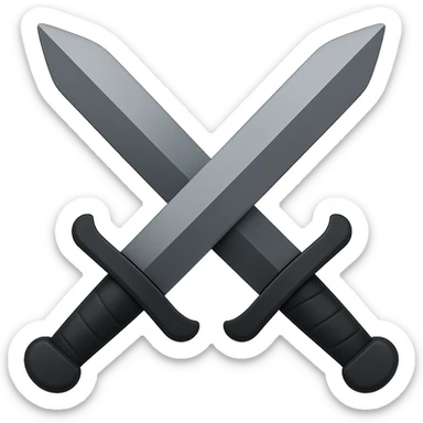 Create dual swords similar to the reference image but with black and grayish colors. The swords should be pointing upward and be wider. The style should emulate emoji style with concise details. sticker