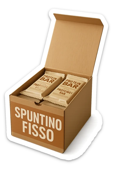 scatola aperta piena di barrette proteiche, con la scritta "SPUNTINO FISSO" SULLA CONFEZIONE in italiano,  realistici sticker
