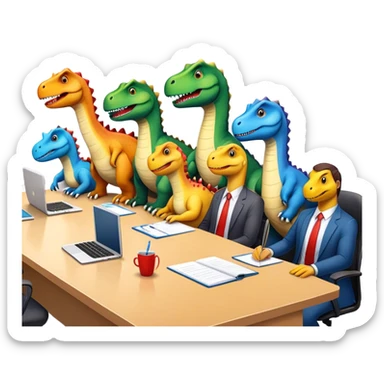 different office dinosaurs sitting along the conference table sticker