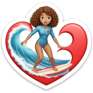 Woman with brown curly hair surfing wave in 3d heart sticker