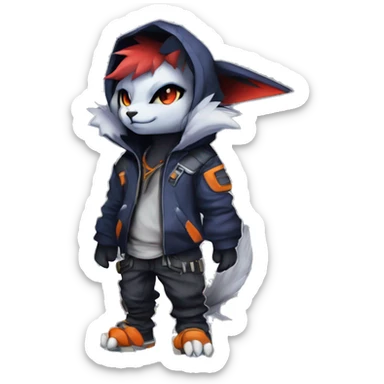 Cool Dark Anthro Chibi Absol-Noivern-Litten-Lynx-Pokémon with edgy stripes hoodie spiked collar punk techwear Cargo Pants Full Body sticker