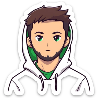 anime style male character with green eyes, dark brown undercut hairstyle, short beard, wearing white hoodie sticker