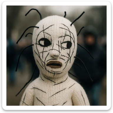 The mask is a full-head, white knitted balaclava with a tight ribbed texture. It features two asymmetrical eye openings and a partially exposed mouth area. Black thread is stitched across the surface in chaotic, abstract lines that trace facial features, giving a hand-drawn effect. Several black cords extend outward from the mask, varying in length and direction, adding a sculptural, almost organic appearance. The overall look is bold, handcrafted, and visually striking. sticker