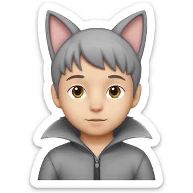 Boy kid in gray cat suit with tail and ears sticker
