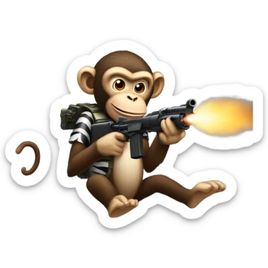 A monkey riding a zebra. The monkey is shooting a machine gun with shell casings in the air and muzzle flash make the monkey look menacing. Make the zebra look like he's mad. sticker