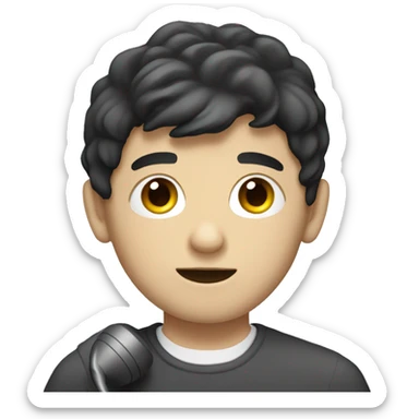 White boy with dark hair with a telephone  sticker