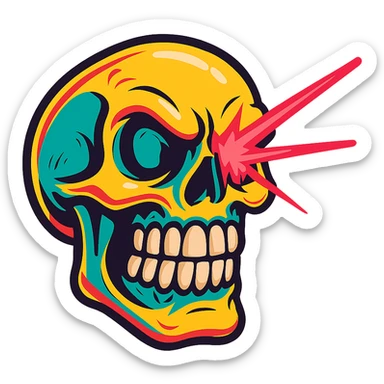 vibrant toon style skull grinding teeth with laser from one eye sticker