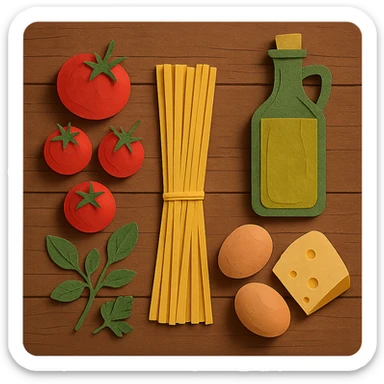 A realistic top-down view of a wooden kitchen table with various common ingredients neatly arranged (like tomatoes, pasta, eggs, cheese, herbs, olive oil). The background should be dark and soft to match a modern app interface. Lighting should highlight the ingredients naturally, with soft shadows. No text, no hands, minimalistic but warm and homely, like a mobile UI background for a cooking app. sticker