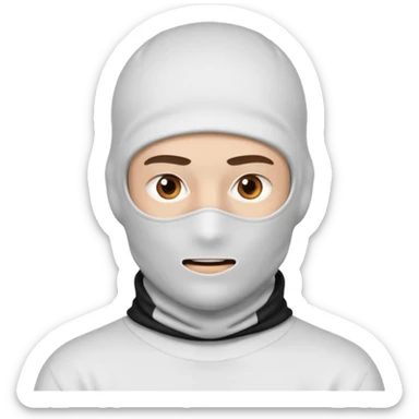 head of a white guy with brown eyes wearing a white balaclava, with a cool expression sticker