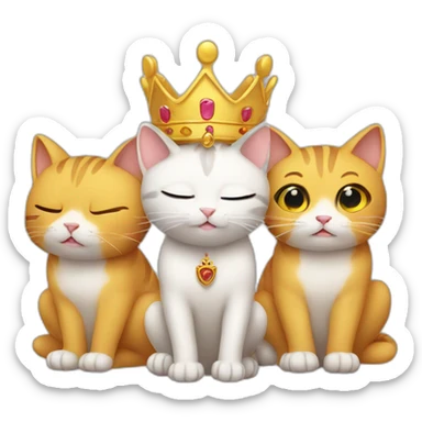 crying praying cat with a crown with 2 friends next to him the cat is yellow sticker