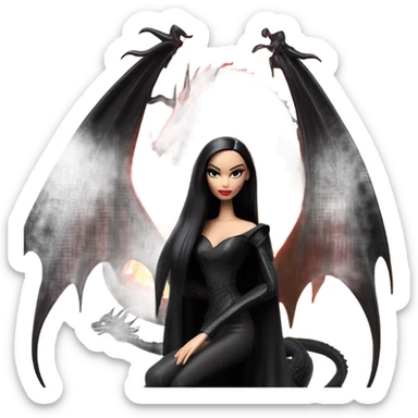  beautifully dressed teen Morticia Addams Barbie Jedi flying on the back of a very large black shiny evil-looking fire-spewing dragon. proper scale sticker
