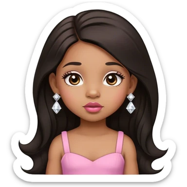 light brown skin tone, very adorable toddler, with big plump lips, long long lashes, black straight long hair, brown eyes, pink dress, diamond stud earrings sticker