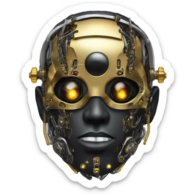 black metal male cyborg head with  one artificial eyeball, circuitry, goatee and dreaded yellow gold hair sticker