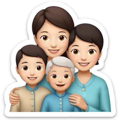two chinese kids with their mother and grand mother smiling sticker