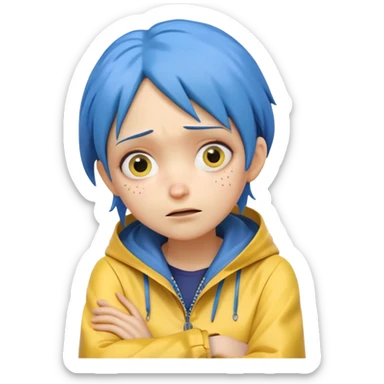 Emoji-style Coraline with blue hair, yellow raincoat, arms crossed over neck, dramatic crying face, eyes looking up sticker